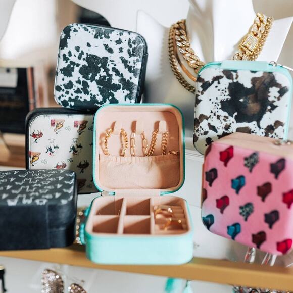 Brown Turquoise Cow Print Square Jewelry Case - Picture 4 of 6